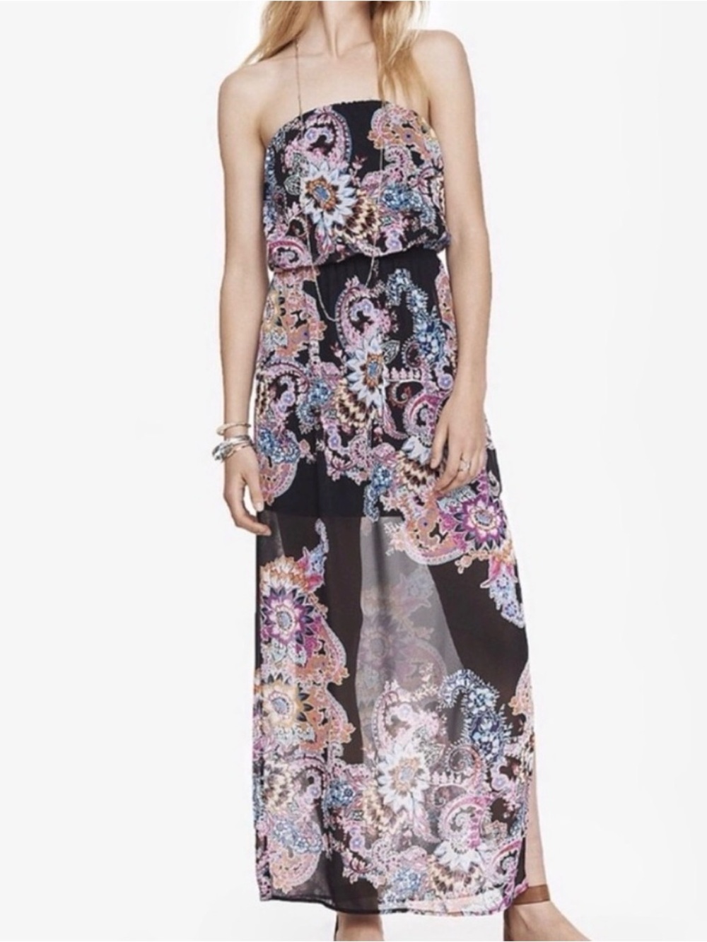 Express Black Paisley Strapless Chiffon Maxi Dress Side Slit Size M